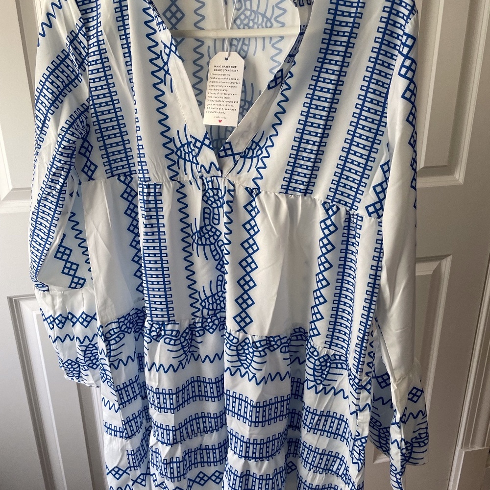 White and blue lightweight, long sleeve boho dress